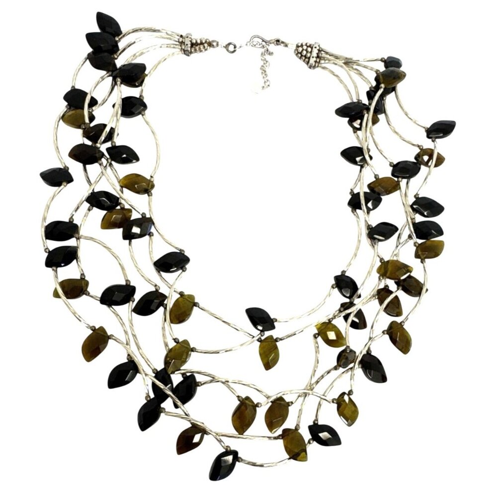 Multi-Strand Beaded Necklace With Black & Brown Beads Adjustable Chain